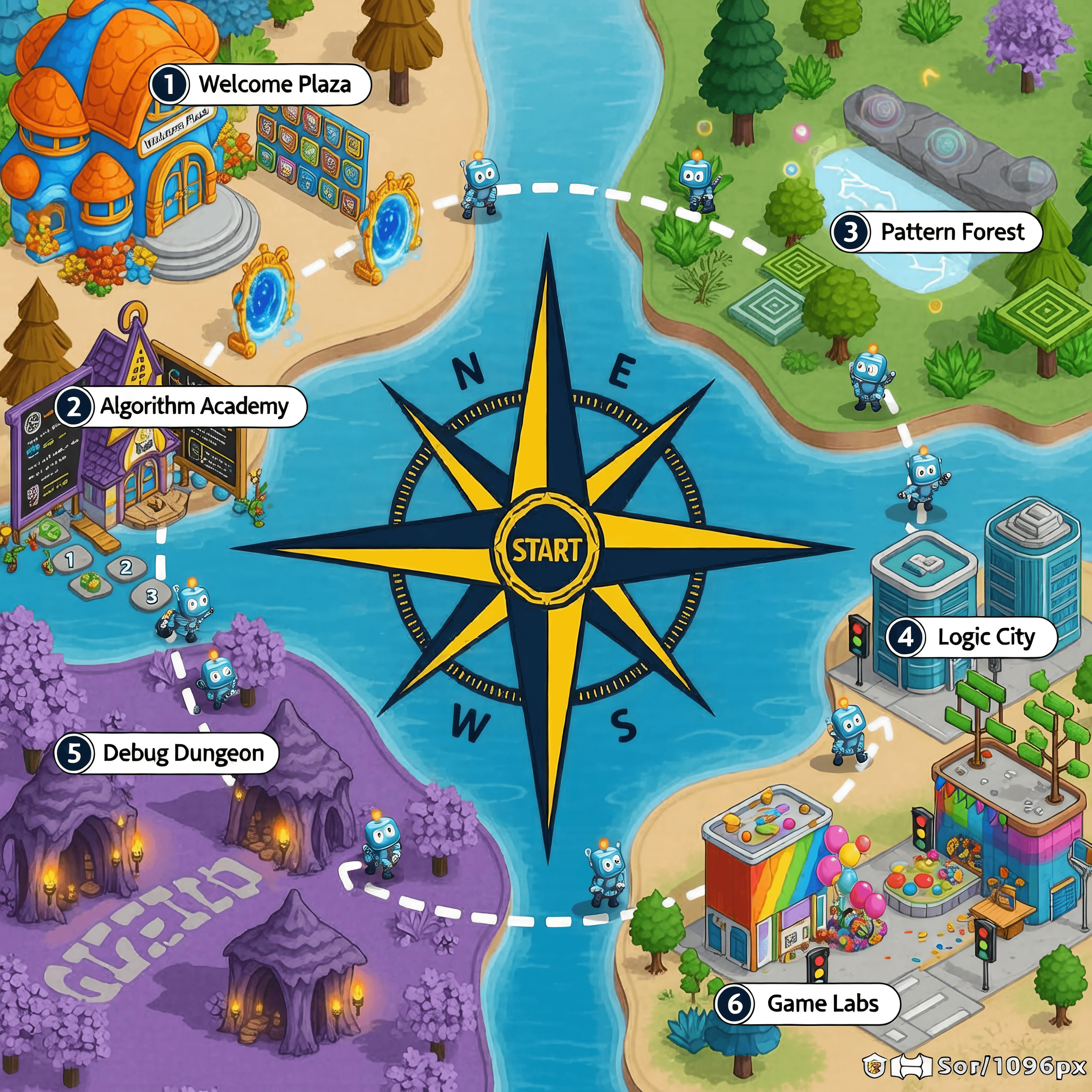 CodeQuest Journey Map showing all 6 worlds